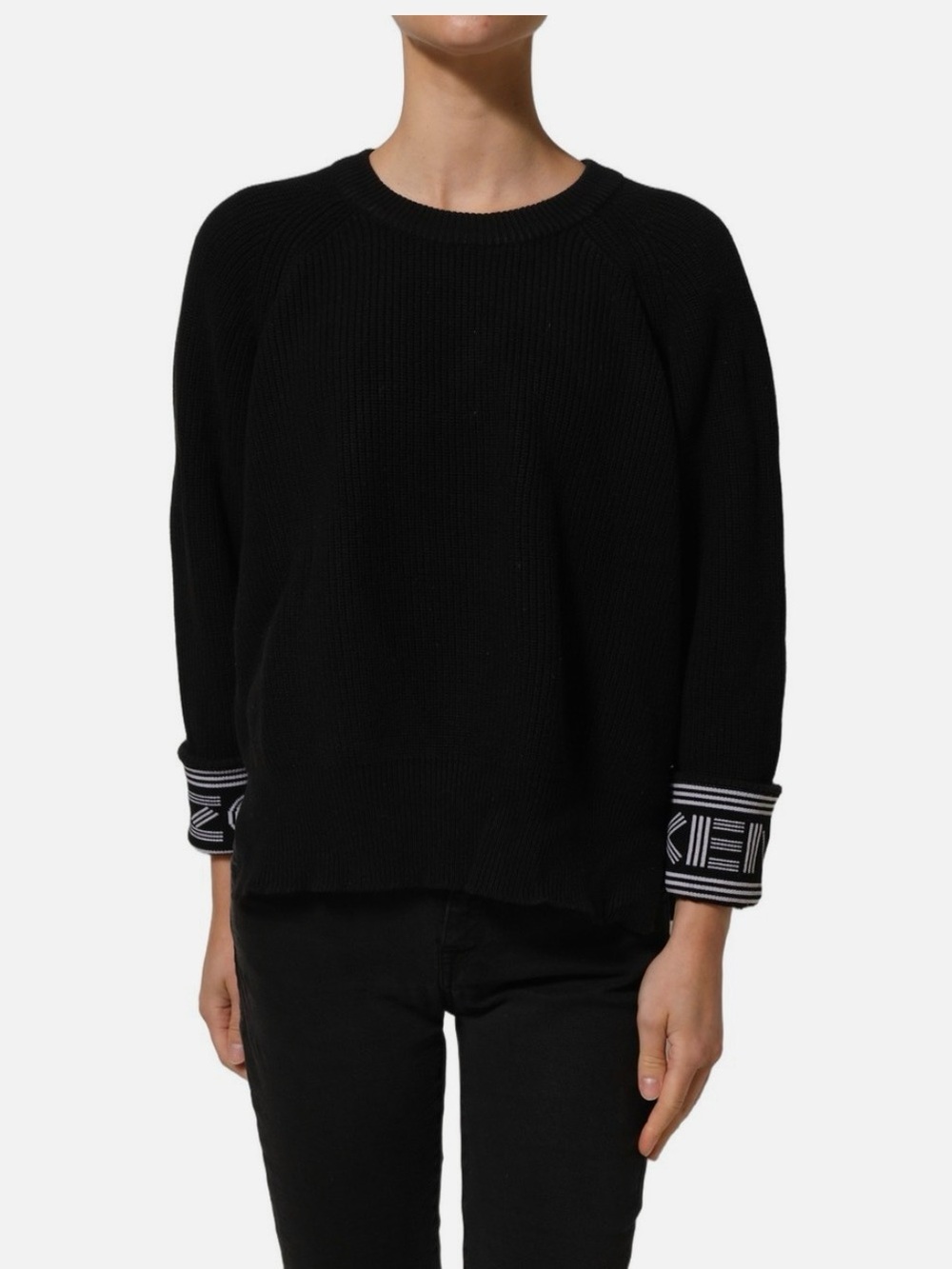 Kenzo Black Crewneck Sweater with Logo Cuffs